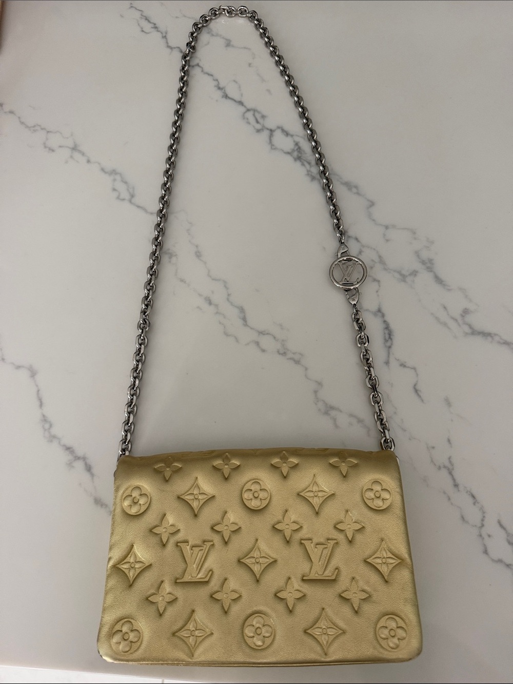 Louis Vuitton cousin Gold Embossed Monogram Chain Crossbody Bag & clutch